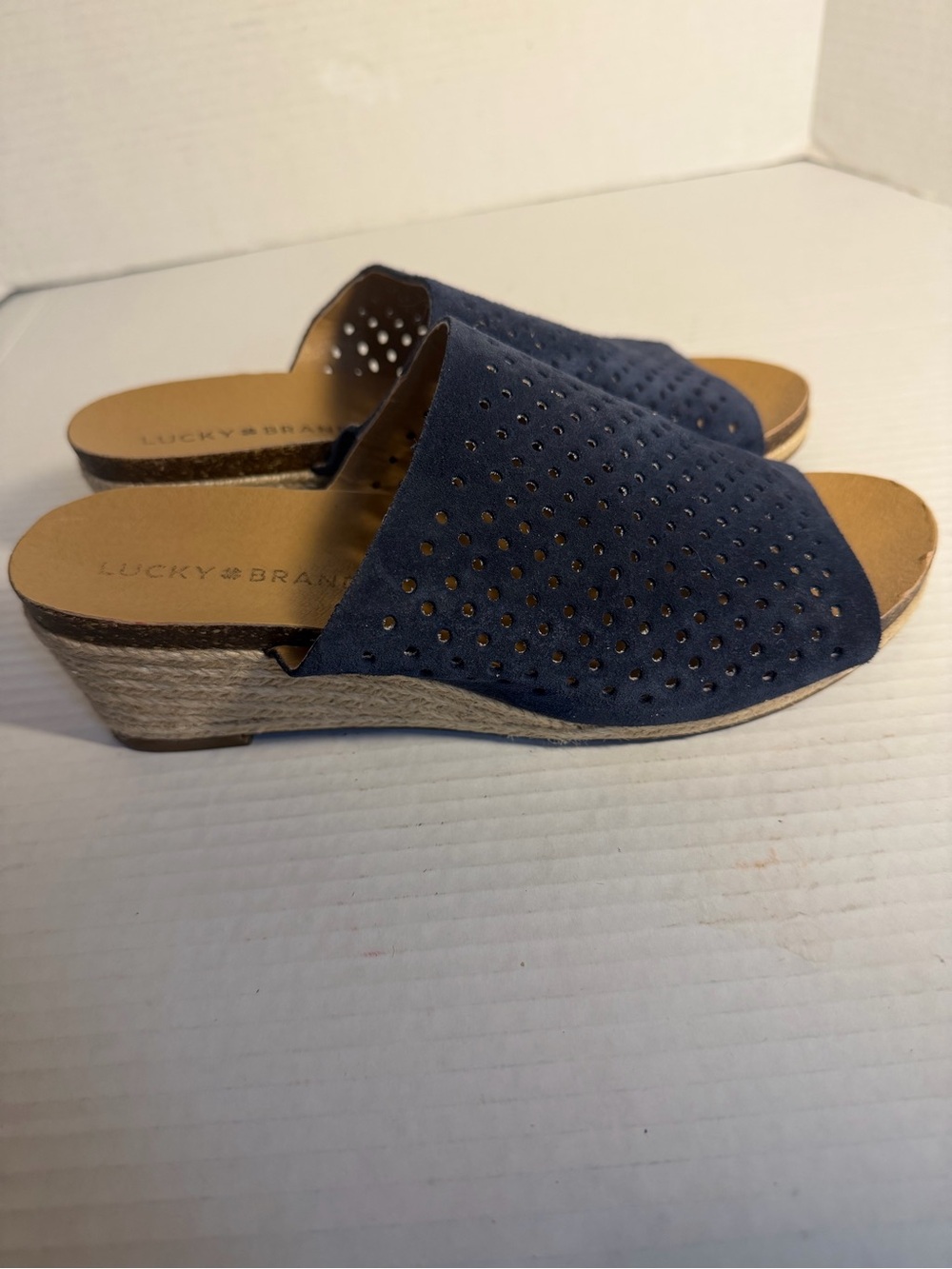 Lucky Brand Jemya Espadrille Navy Perforated Slide Wedge Sandals 7.5